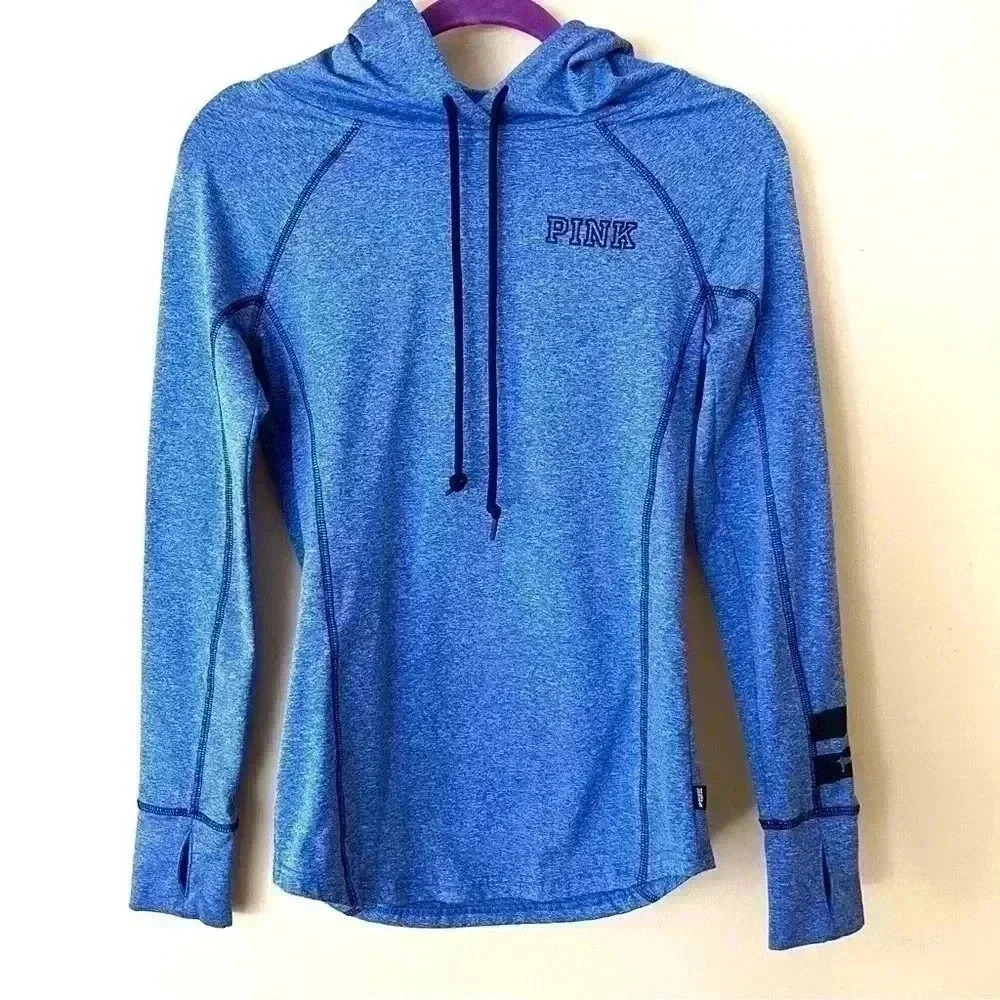 Pink by VS Blue Heather Thumb Hole Pullover Drawstring Lightweight Hoodie SizeXS